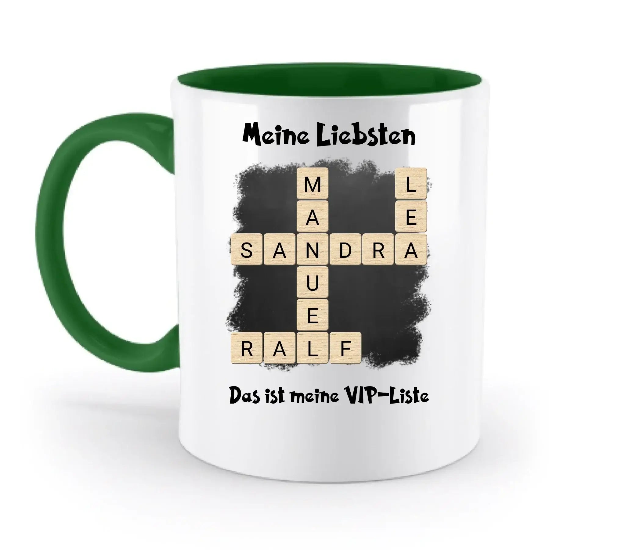 Weiße keramiktasse mit grünem griff und innenfläche, kreuzwort design mit sandra und ralf, spülmaschinenfest und personalisierbar