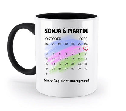 Weiße keramik tasse mit schwarzem griff und innenleben, personalisierbarer oktober 2022 kalender spülmaschinenfest