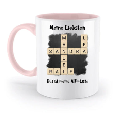 Weiße keramik tasse mit rosa griff und innenseite, kreuzwort design mit sandra und ralf, spülmaschinenfest und personalisierbar
