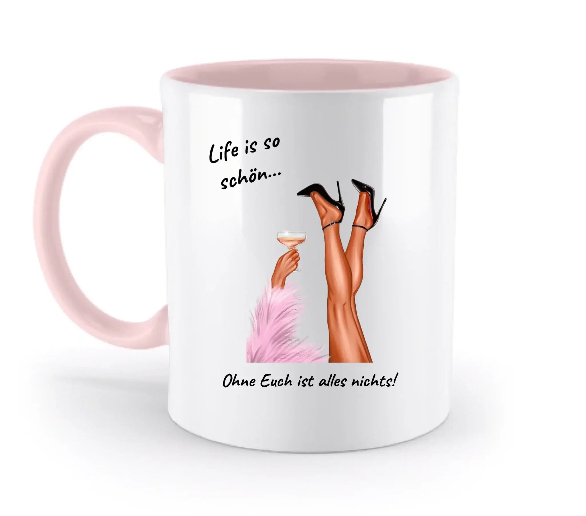 Weiße keramik tasse mit pinkem griff und innenbereich, illustration schwarze heels beine mit sektglas, spülmaschinenfest