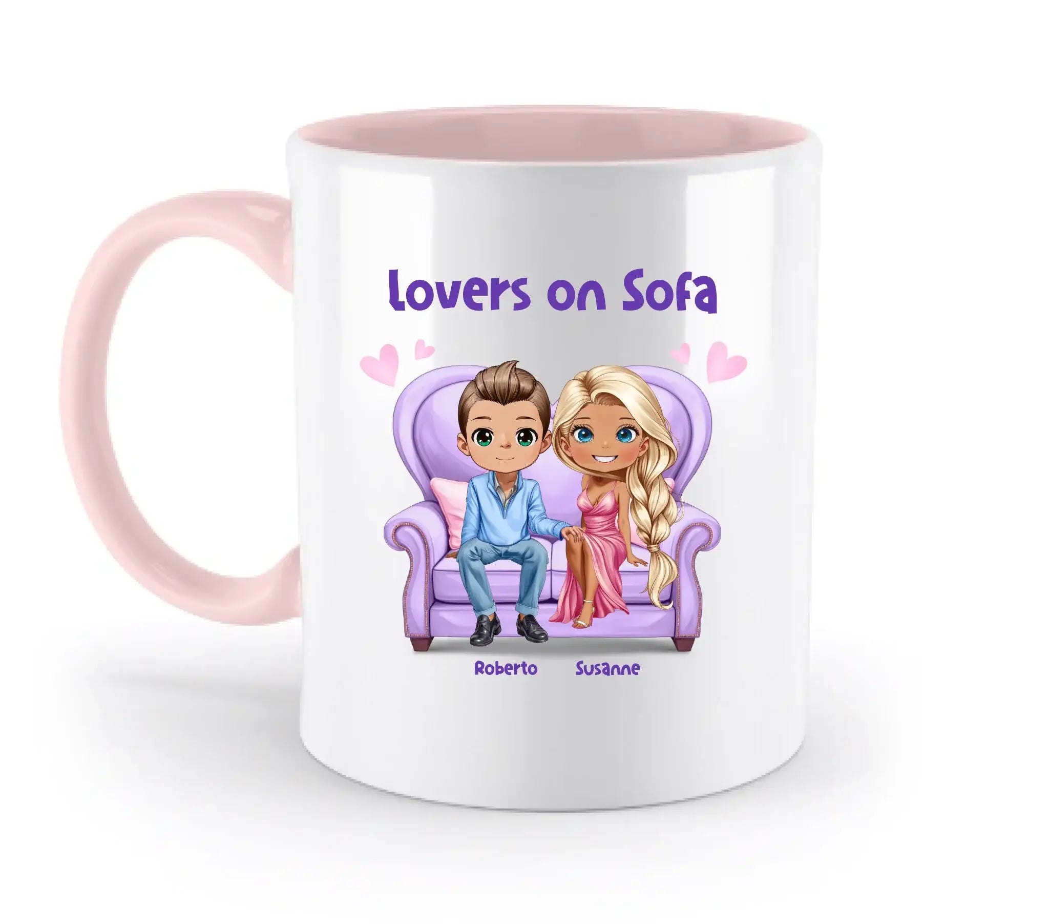 Weiße keramik tasse mit pinkem griff und innenseite, cartoon illustration zweier liebender auf sofa, spülmaschinenfest und personalisierbar