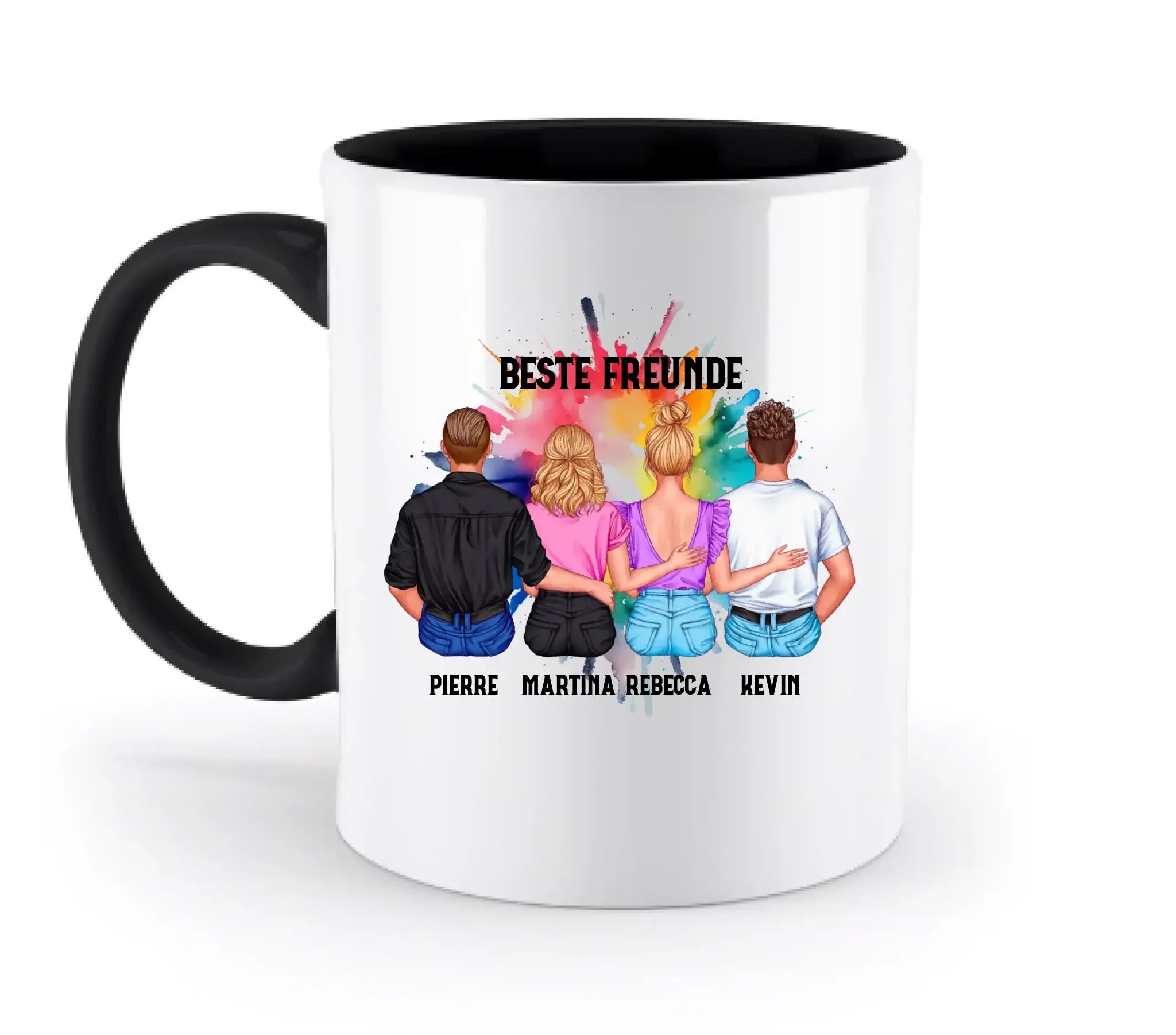 Weiße keramiktasse mit schwarzem griff und inhalt mit bunter illustration vierer menschen und text beste freunde