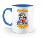 Weiße keramik tasse mit blauem griff und innenfläche, cartoon strauß mit kaffetasse, name daniela, aufdruck zero motivation, personalisierbar und spülmaschinenfest