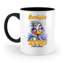 Weiße keramik Tasse mit schwarzem griff und innen, cartoon-ostrich mit lila augen und text daniela zero motivation