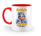 Weiße keramiktasse mit rotem griff und innenfläche, motiv ostrich vogel mit kaffeetasse, personalisierbar und spülmaschinenfest