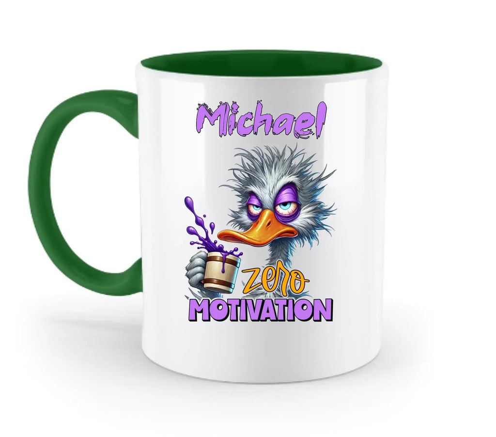 Weiße keramiktasse mit grünem griff und innenraum, cartoon nandu mit kaffee und motivation zero text, spülmaschinenfest und personalisierbar