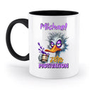 Weiße keramikmug mit schwarzem griff und innenraum, cartoon-ostrich und text michael zero motivation, spülmaschinenfest und personalisierbar
