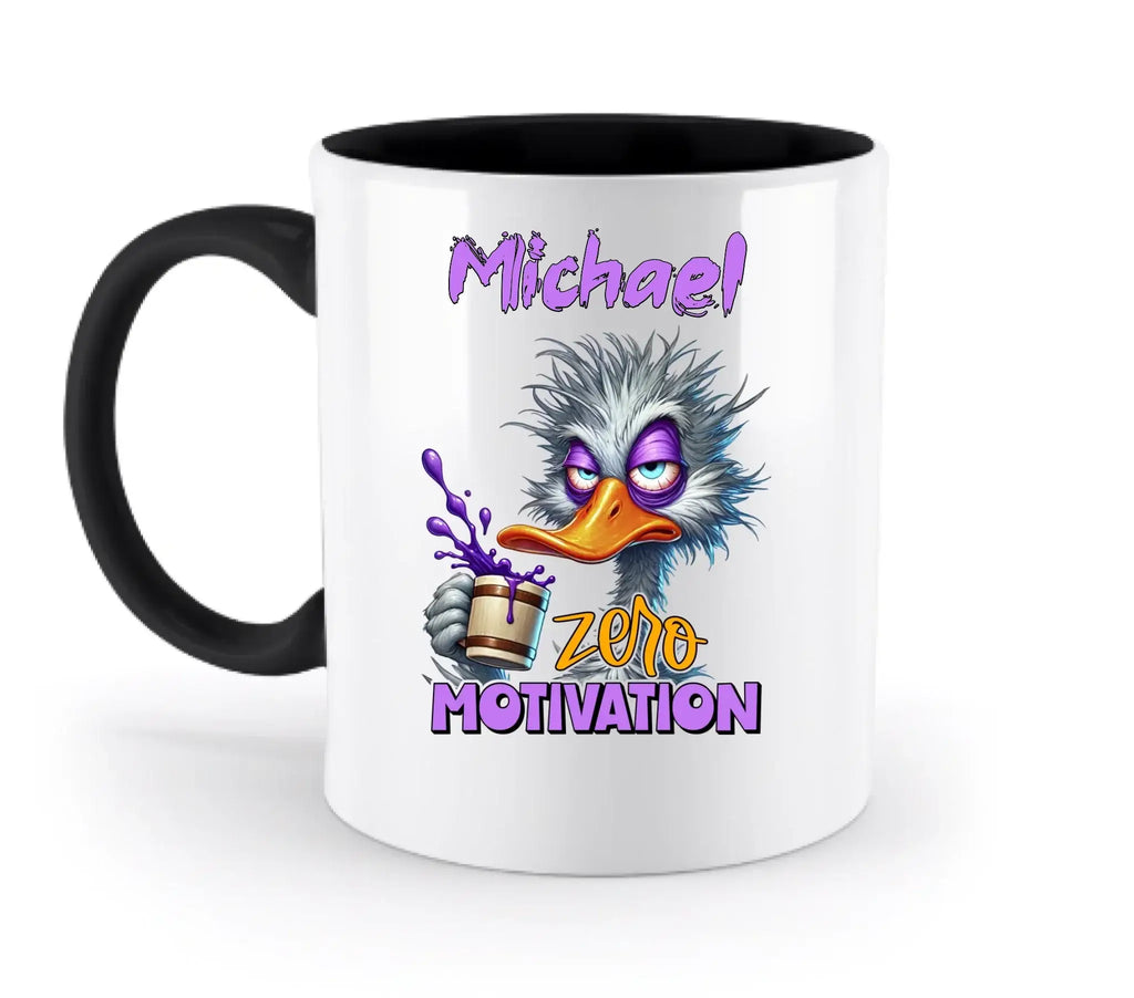 Weiße keramiktasse mit schwarzem griff und innenfarbe, cartoon strauß mit tasse motivation zero, personalisierbar und spülmaschinenfest