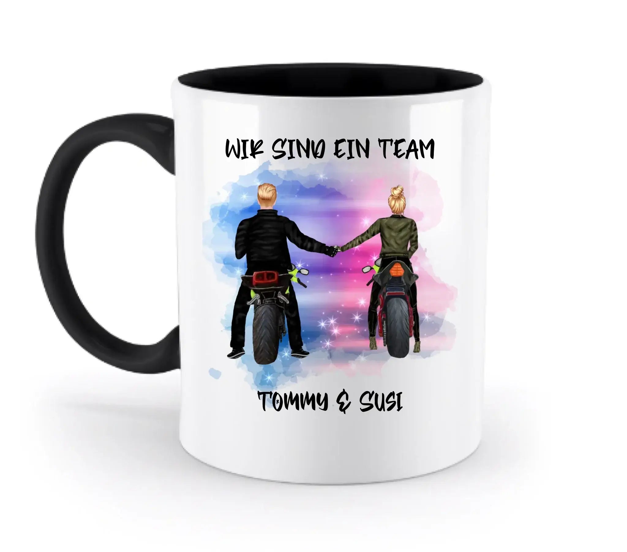 Weiße keramiktasse mit schwarzem griff und innenraum mit buntem motorrad-couple design spülmaschinenfest und personalisierbar