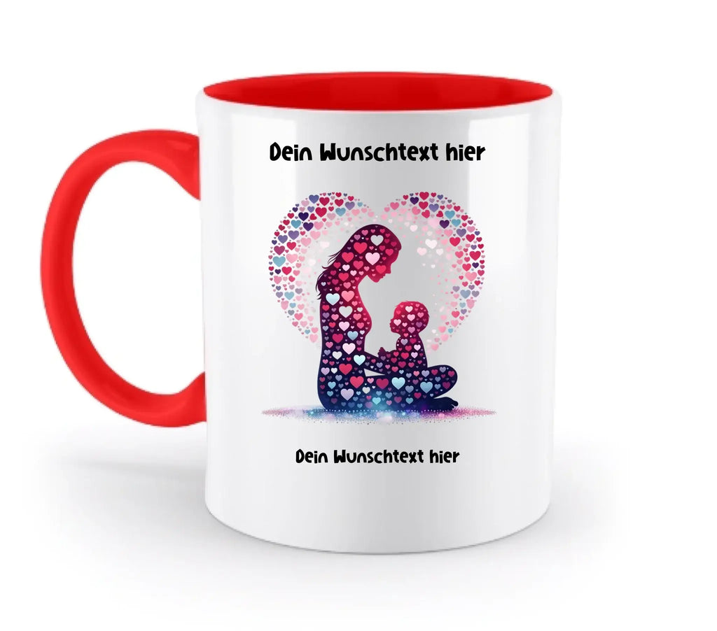 Weiße keramiktasse mit rotem griff und innenfarbe, motiv mutter und kind aus bunten herzen, spülmaschinenfest und personalisierbar