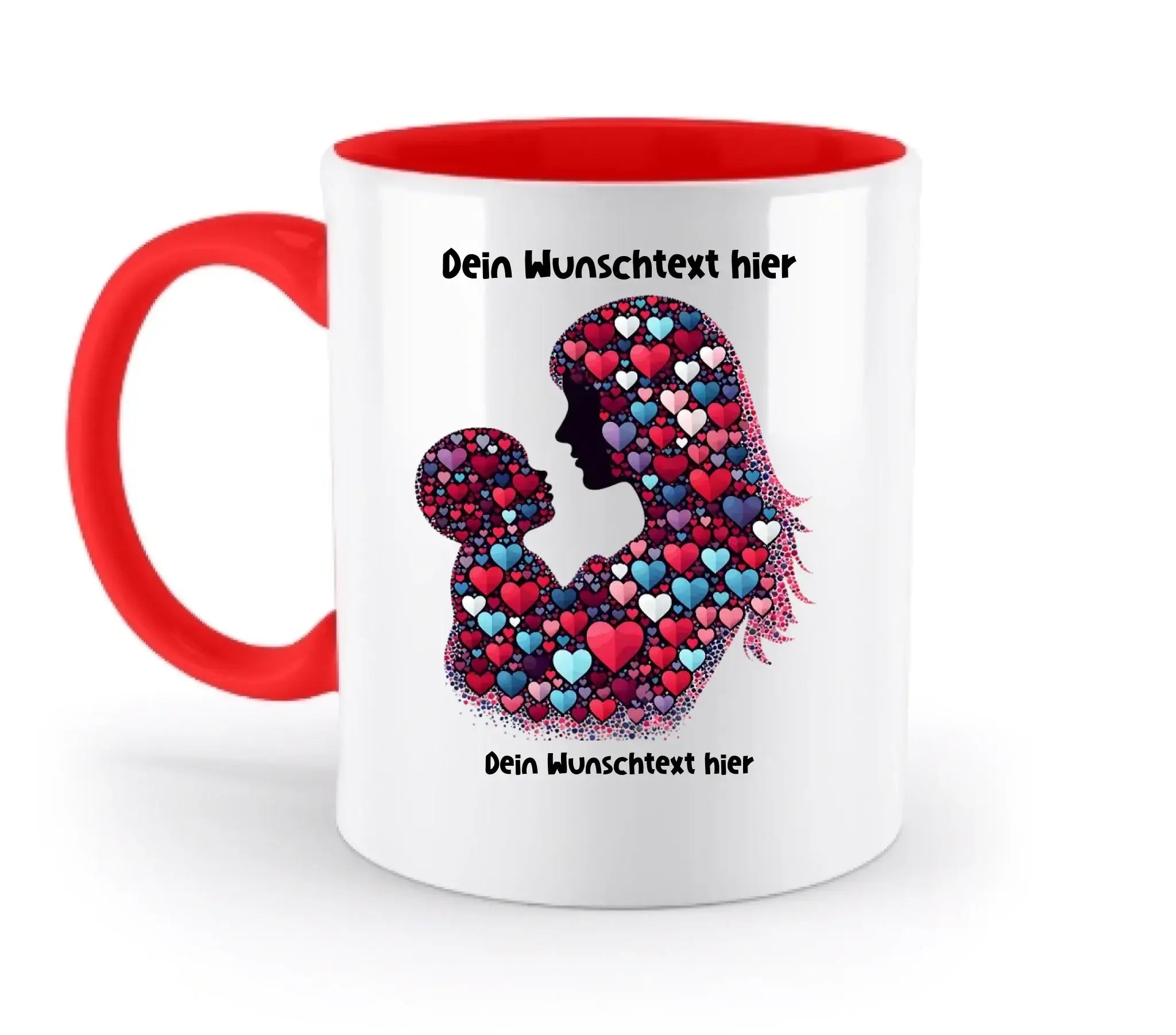 Weiße keramiktasse mit rotem griff und innen, motive mutter und kind aus bunten herzen, spülmaschinenfest