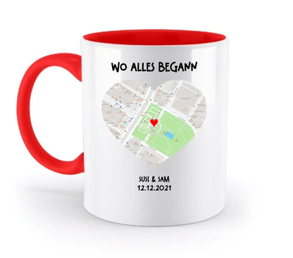 Weiße keramik tasse mit rotem griff und innen, herz förmiges straßenkarten design, spülmaschinenfest und personalisierbar