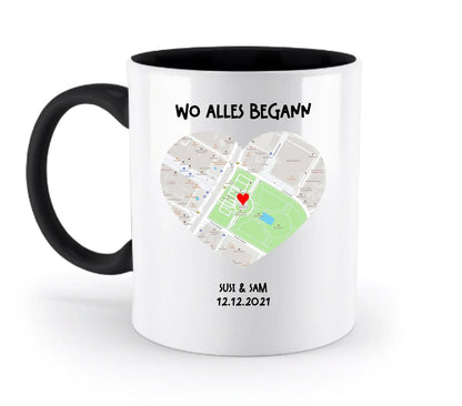 Weiße keramiktasse mit schwarzem griff und innenraum, spülmaschinenfest mit herzförmiger straßenkarte design