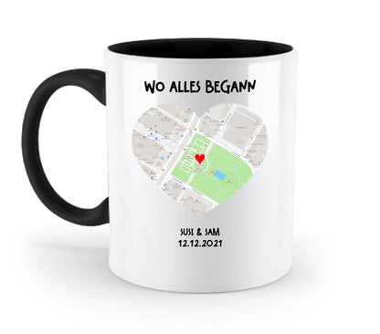 Weiße keramiktasse mit schwarzem griff und innerem mit herzförmiger straßenkarte personalisierbar und spülmaschinenfest