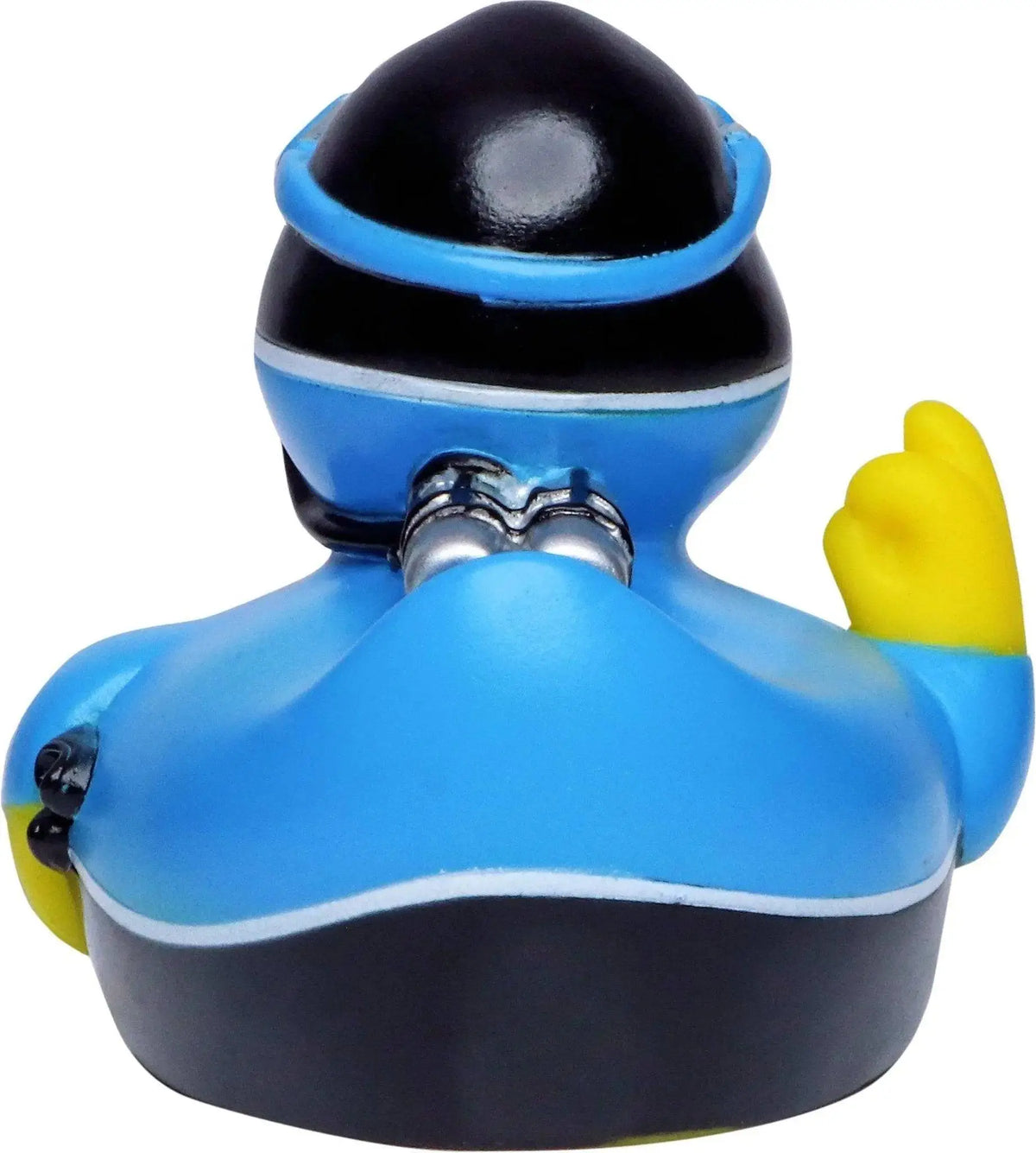 Blaue taucher quietsche-ente mit schwarzem helm und blauem rand zeigt daumen hoch als badeente