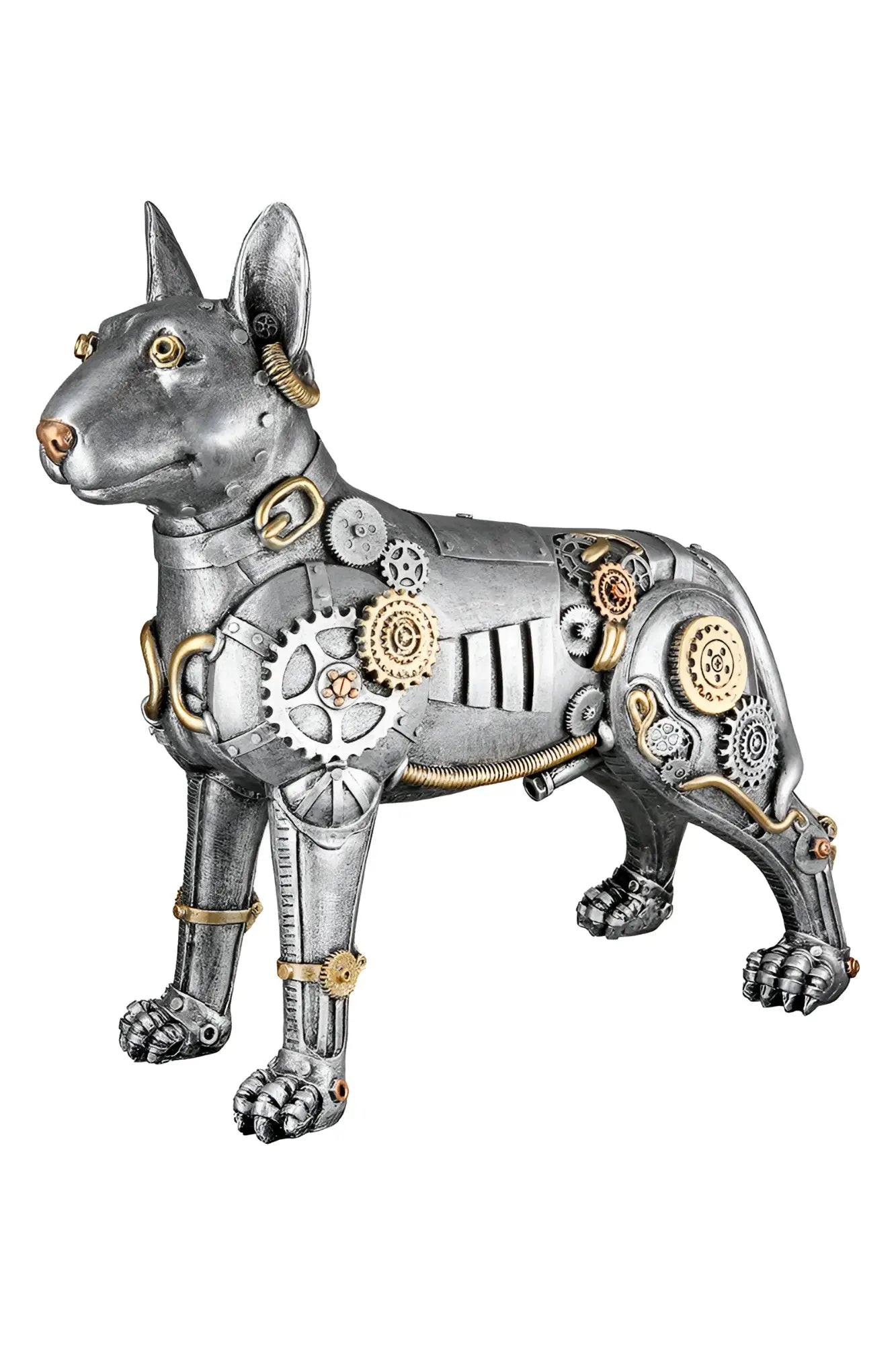 Steampunk figur pitbull aus silberfarbenem kunstharz mit goldfarbenen akzenten und feinen zahnrädern von gilde