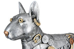 Steampunk hund figur pitbull aus kunstharz mit silberfarbenen und goldfarbenen elementen und kupfernase