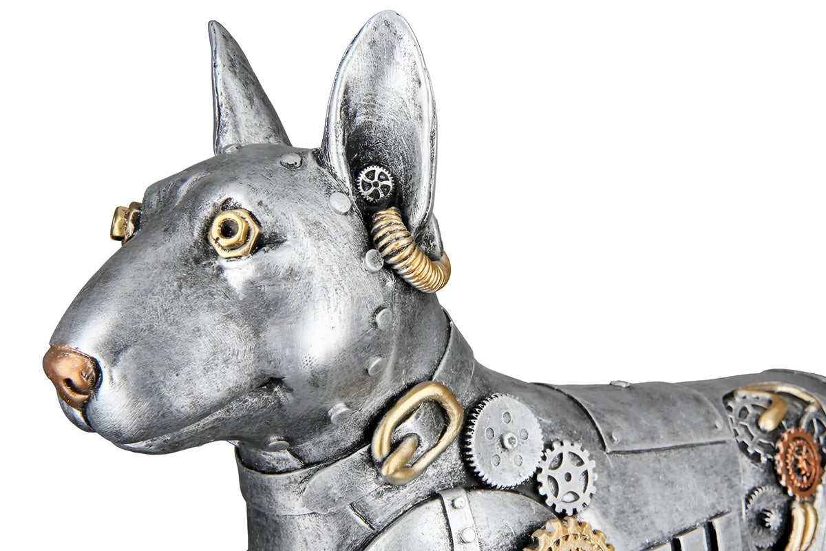 Steampunk hund figur pitbull aus kunstharz mit silberfarbenen und goldfarbenen elementen und kupfernase