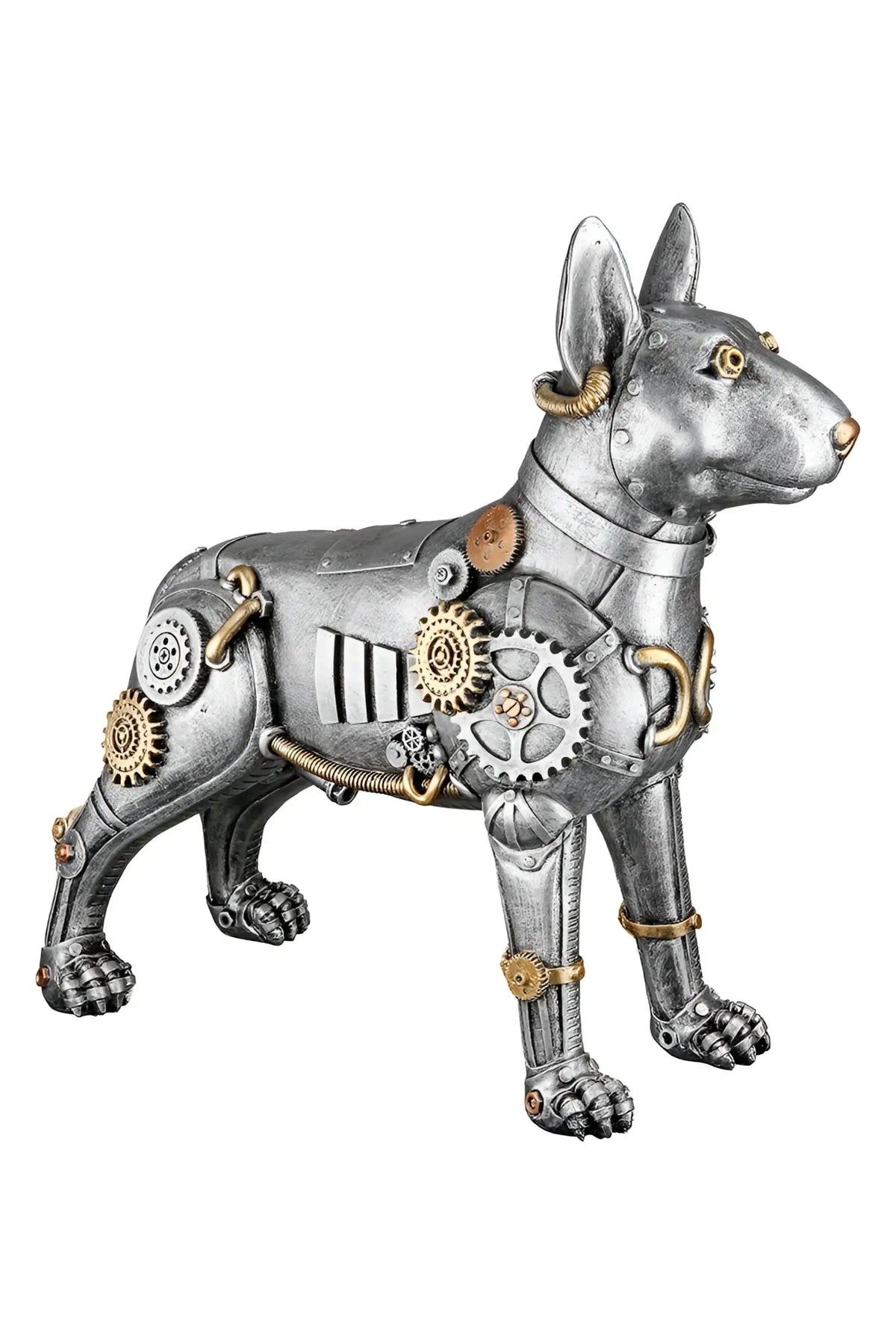 Steampunk figur pitbull aus kunstharz in silber mit goldfarbenen akzenten und komplizierten zahnraddetails
