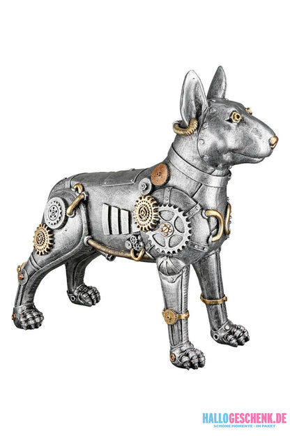 teampunk: Figur „Pitbull“ • Kunstharz • silberfarben mit goldfarbenen Akzenten • 29×13,5×31 cm • Gilde - Steampunk