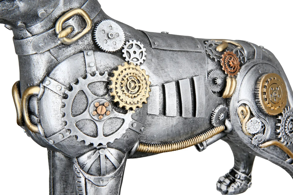 Steampunk figur pitbull aus kunstharz silberfarben mit goldfarbenen akzenten und metallischen zahnrädern