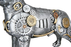 Steampunk figur pitbull aus kunstharz silberfarben mit goldfarbenen akzenten und metallischen zahnrädern