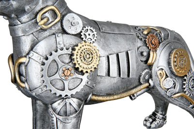 Steampunk figur pitbull aus kunstharz silberfarben mit goldfarbenen akzenten und metallischen zahnrädern