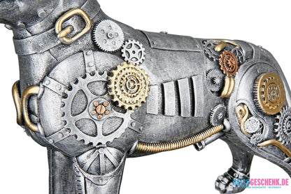 teampunk: Figur „Pitbull“ • Kunstharz • silberfarben mit goldfarbenen Akzenten • 29×13,5×31 cm • Gilde - Steampunk