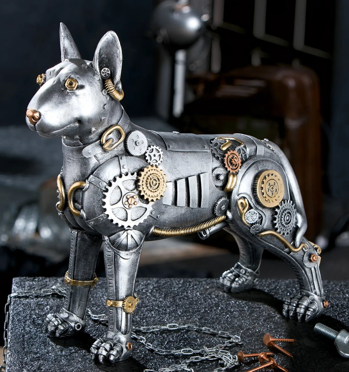 Steampunk pitbull figur kunstharz silber mit goldenen akzenten 29x13,5x31 cm von gilde
