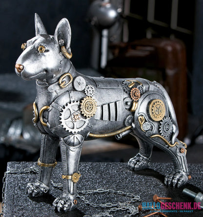 teampunk: Figur „Pitbull“ • Kunstharz • silberfarben mit goldfarbenen Akzenten • 29×13,5×31 cm • Gilde - Steampunk