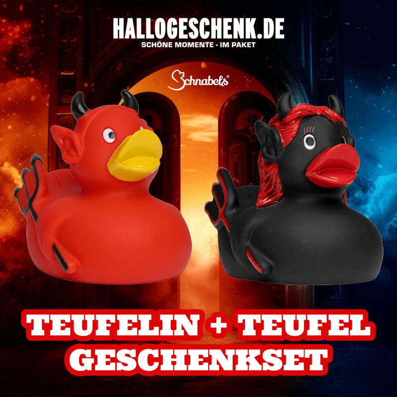 Rote und schwarze gummienten mit teufelshörnern und glänzendem finish als teufelin und teufel geschenkset