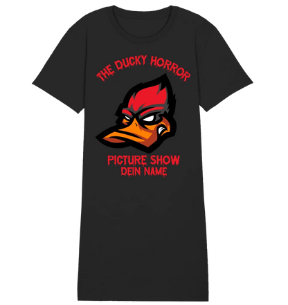 The Ducky Horror Picture Show + Name • Damen • Frau • Ladies Premium T-Shirt Kleid aus Bio - Baumwolle S - 2XL • Exklusivdesign • personalisiert • Halloween von HalloGeschenk.de