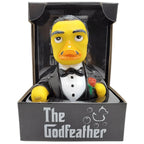 Gelbe Quietscheente mit tuxedo, schwarzer Fliege und roter rose, verpackt in schwarzer box godfeather von CelebriDucks