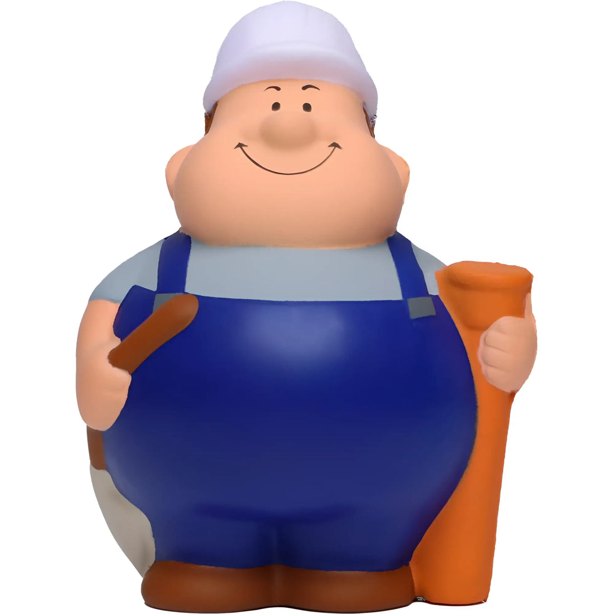 Tiefbauer bert® anti-stress-figur in blau und beige mit weißem helm hält orangene baupläne aus schaumstoff