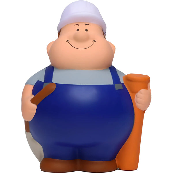 Tiefbauer bert® anti-stress-figur in blau und beige mit weißem helm hält orangene baupläne aus schaumstoff