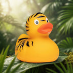 Gelbe quietsche-ente mit schwarzen tigerstreifen und oranger schnabel zum planschen und baden