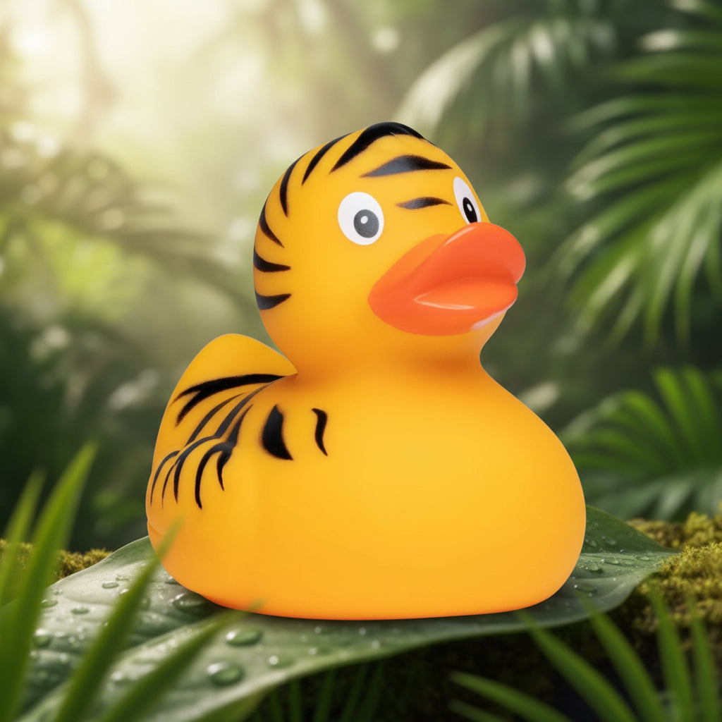 Gelbe quietsche-ente mit schwarzen tigerstreifen und oranger schnabel zum planschen und baden