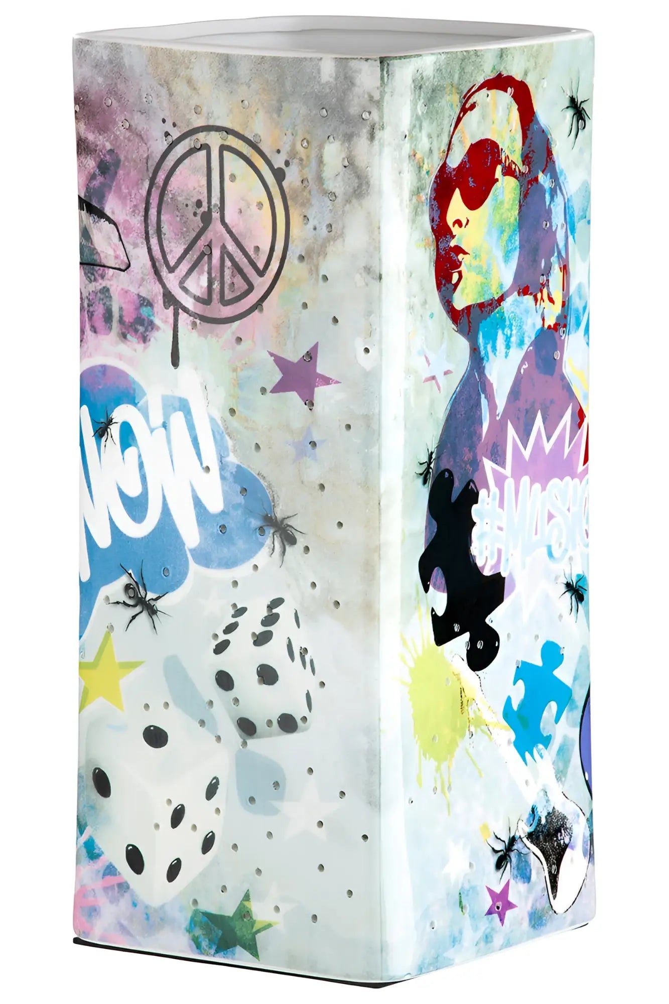 Bunte porzellan tischleuchte street art 2 mit graffiti motiv peace zeichen würfel spinnen 28x12,5x12,5 cm gilde