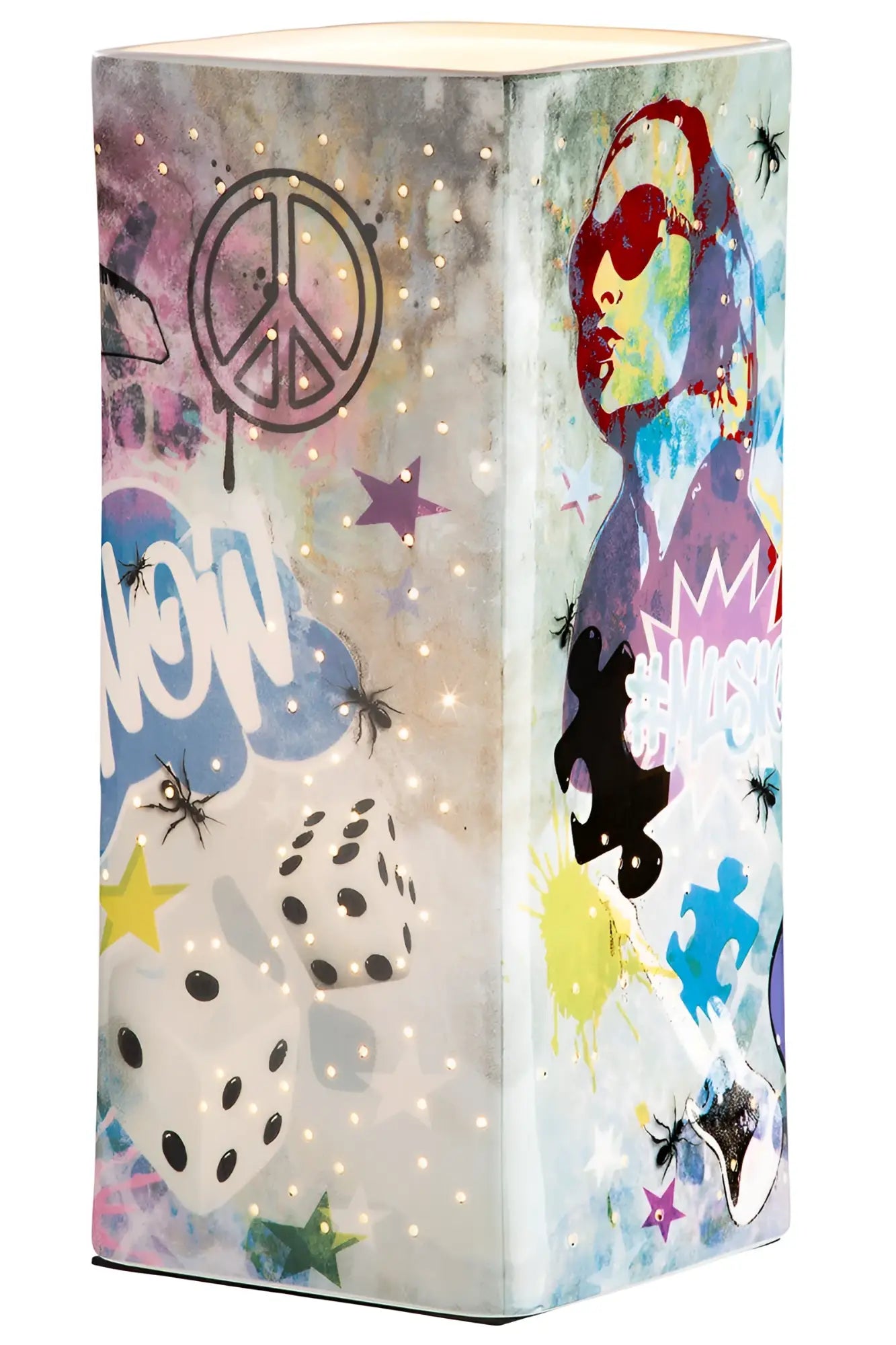 Tischleuchte street art 2 aus porzellan mit buntem graffiti-design und peace zeichen in lila, blau, gelb und pink