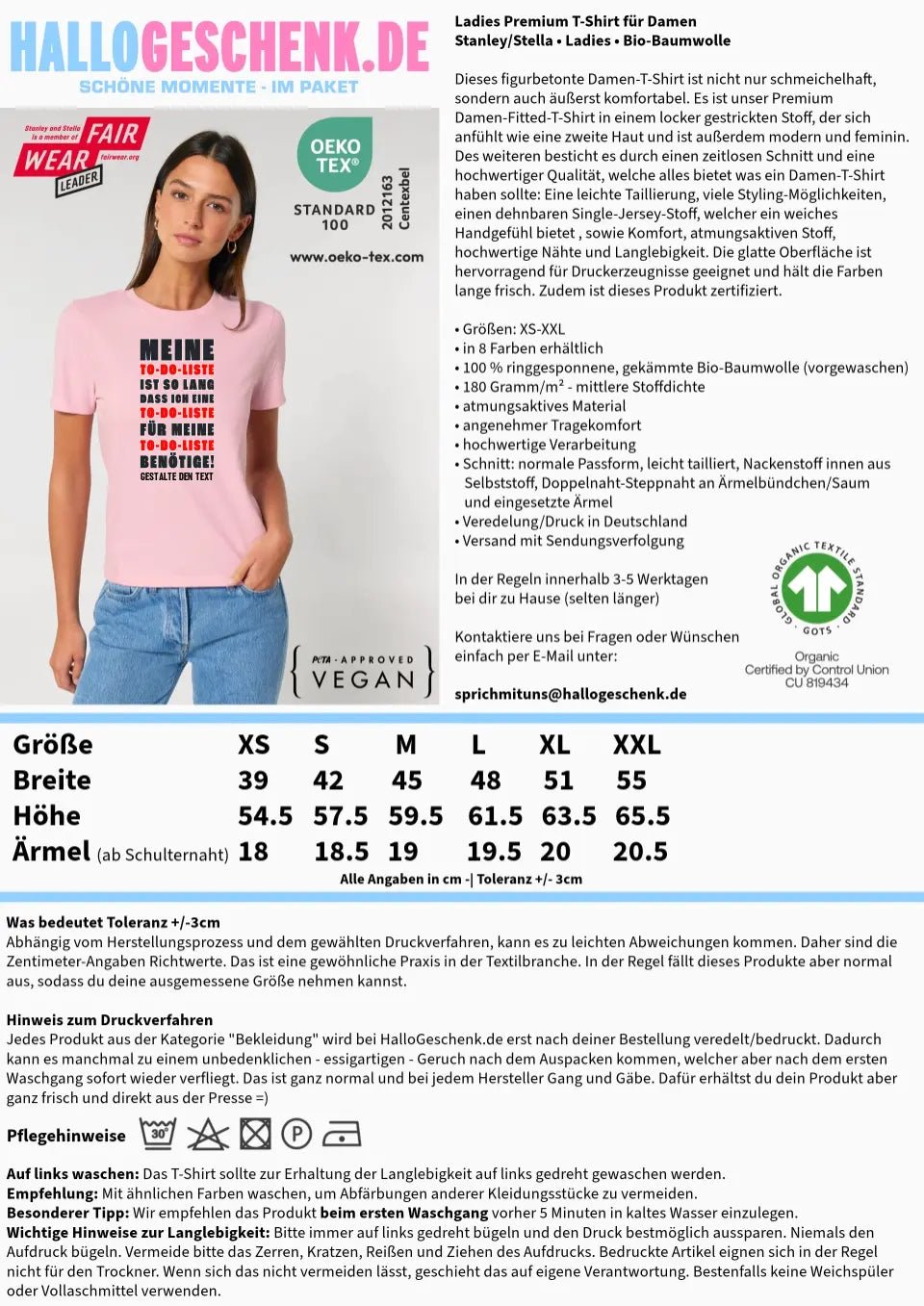 TO DO LISTE • Ladies Premium T - Shirt XS - 2XL aus Bio - Baumwolle für Damen • Exklusivdesign • personalisiert - HalloGeschenk.de