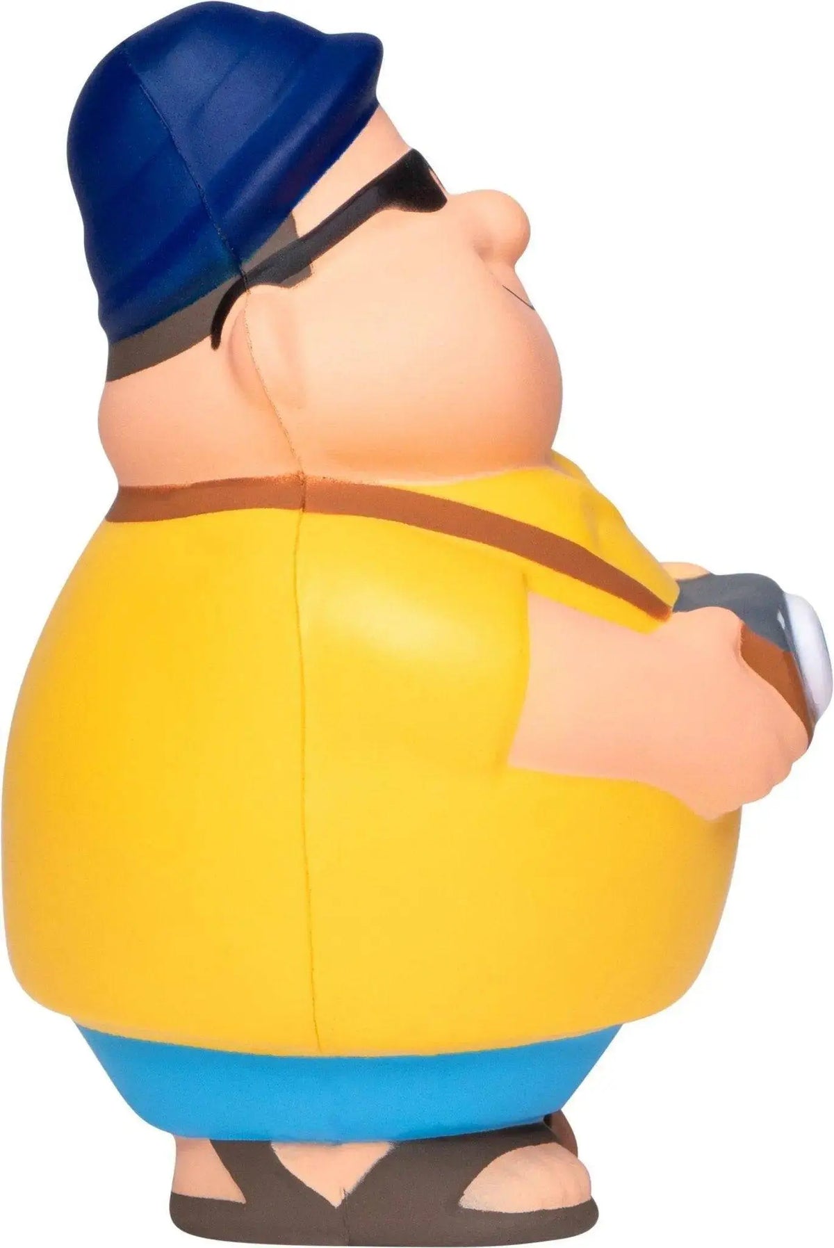 Touri bert anti-stress-quetsch-figur mit kamera zeigt chubby mann mit blauem cap schwarz sonnenbrille gelbem shirt und blauer hose