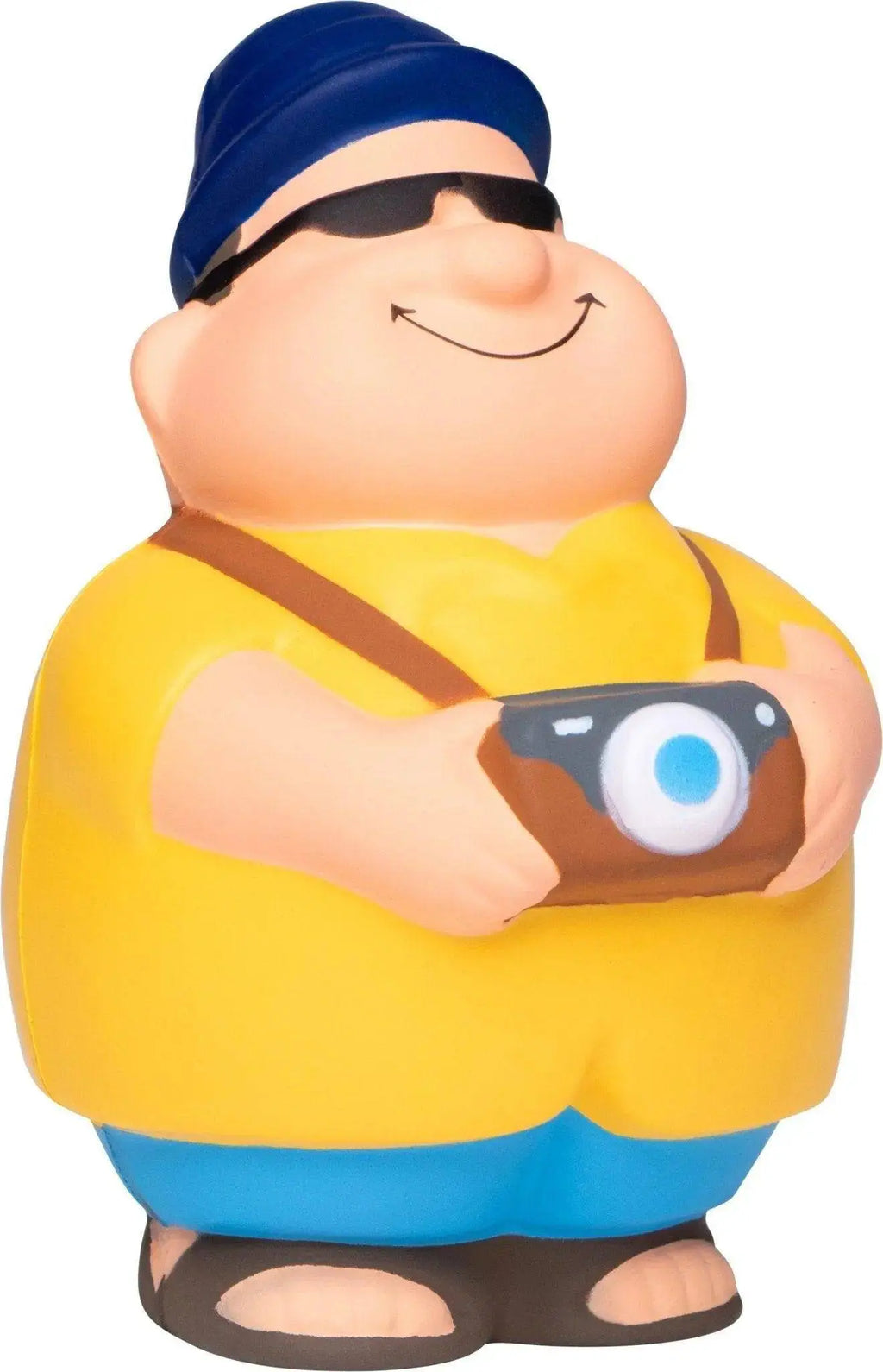 Touri bert mit kamera anti-stress-quetsch-figur in gelb und blau mit Marine cap und brauner kamera mit blauem objektiv