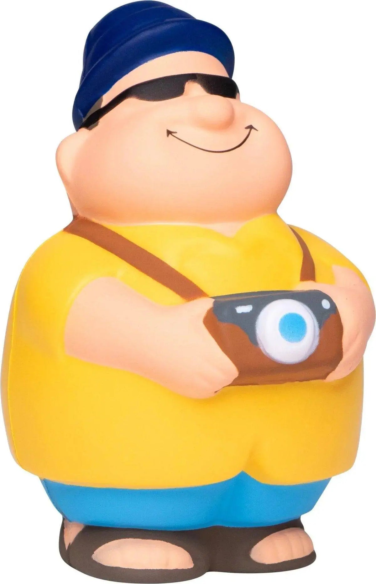 Touri bert mit kamera anti-stress-quetsch-figur in gelb und blau mit Marine cap und brauner kamera mit blauem objektiv