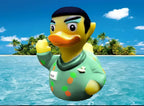 Eine gelbe gummiente mit schwarzem haar in grünem schlafanzug mit ananasmuster tropical squawk von celebriducks