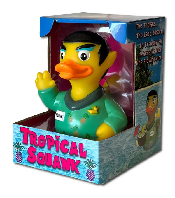 Gelbe gummiente mit schwarzen haaren und tropischem ananashemd von CelebriDucks im limitierter auflage