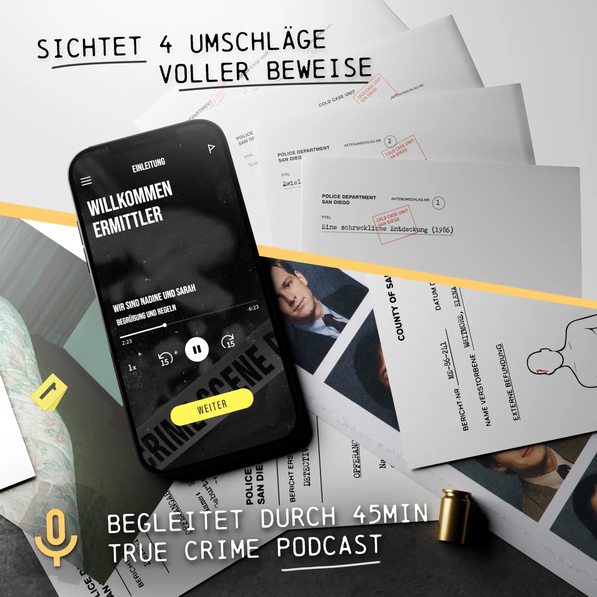 Schwarzes smartphone zeigt true crime spiel abspielinterface mit deutschem text und gelbem weiter button
