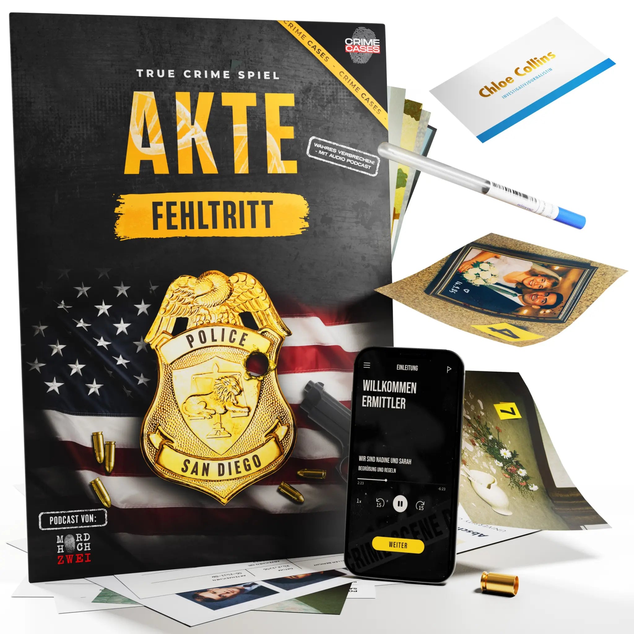 Goldene polizeimarke mit police und san diego eingraviert, adler und löwenwappen, true crime spiel akte fehltritt