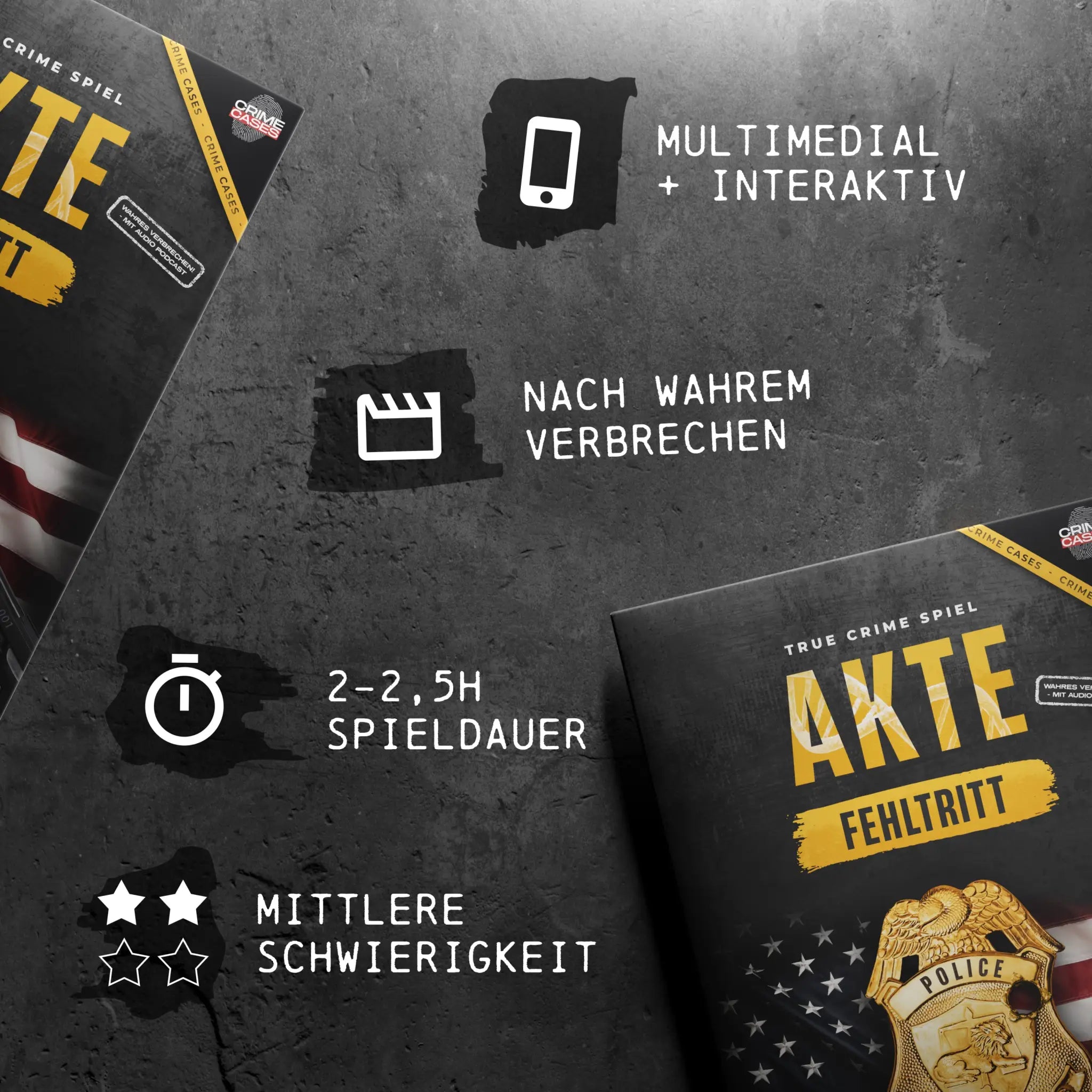 Black true crime spiel box akte fehltritt with gold lettering and police emblem on front for mystery game players