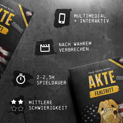 Black true crime spiel box akte fehltritt with gold lettering and police emblem on front for mystery game players