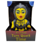 Gelbe gummiente mit schwarzen und silbernen details als kostümfigur von celebriDucks im produkt turn quack time